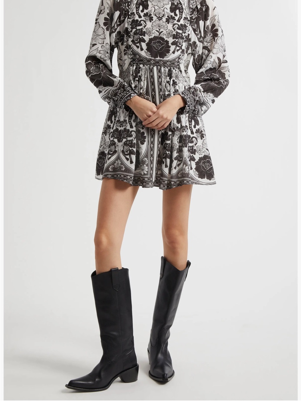 Farm Rio Black & White Panther Pattern Long-Sleeve Mini Dress